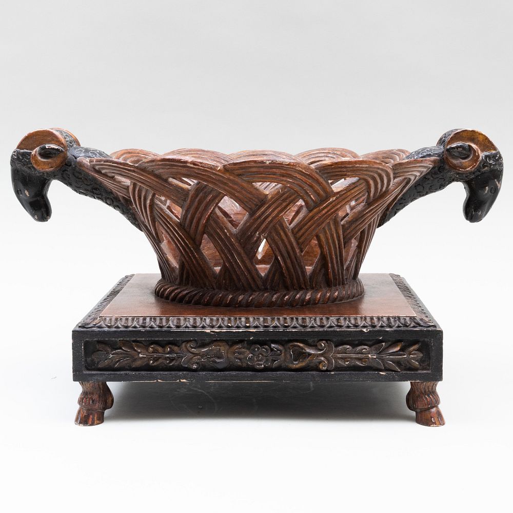 Appraisal: Continental Carved and Painted Wood Centerpiece with Rams Head Handles