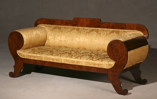 Appraisal: Biedermeier Satinwood Inlaid Mahogany Sofa Circa - With floral brocade