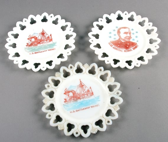 Appraisal: Spanish-American War Milk Glass plates with designs in red and