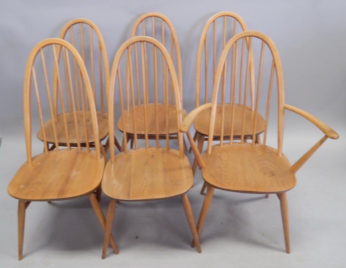 Appraisal: A set of six light coloured Ercol stickback dining chairs