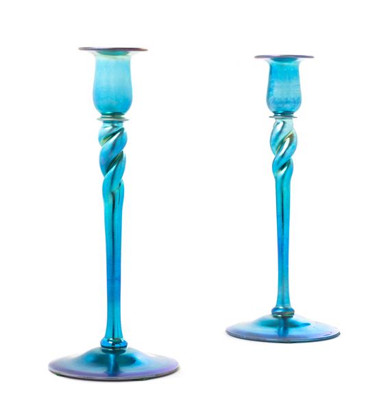 Appraisal: Sale Lot A Pair of Steuben Blue Aurene Glass Candlesticks