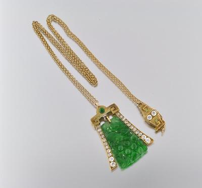 Appraisal: A Jadeite and Diamond Necklace Features a finely cut green