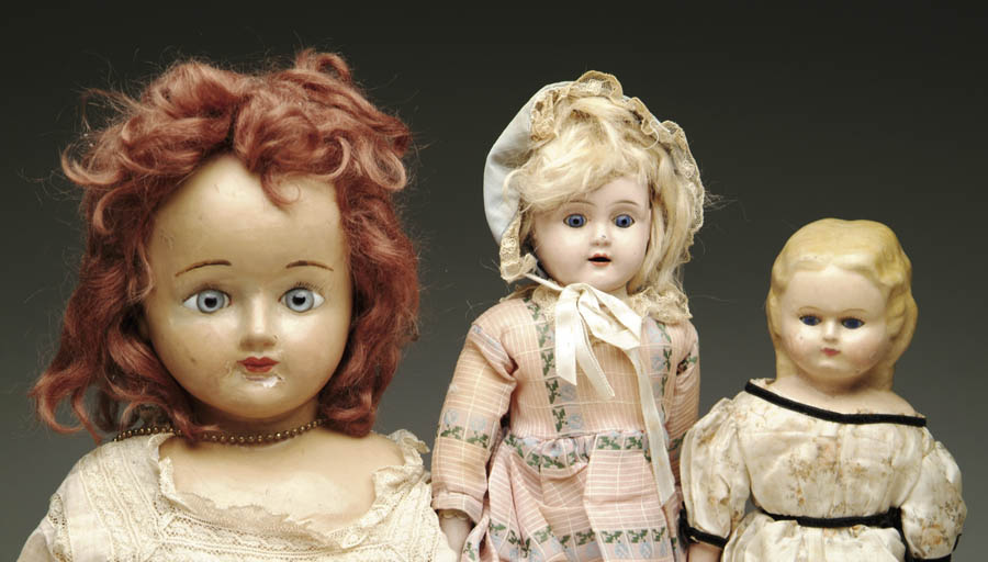 Appraisal: LOT OF TWO WAX-OVER-COMPOSITION HEAD DOLLS AND ONE METAL HEAD