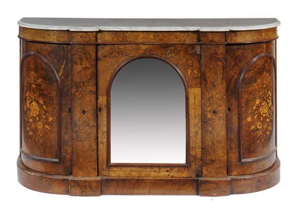 Appraisal: A VICTORIAN WALNUT SIDE CABINET with marble slab and arched