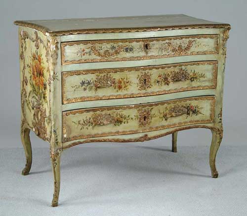 Appraisal: FRENCH STYLE PAINTED THREE DRAWER CHEST Serpentine front raised on