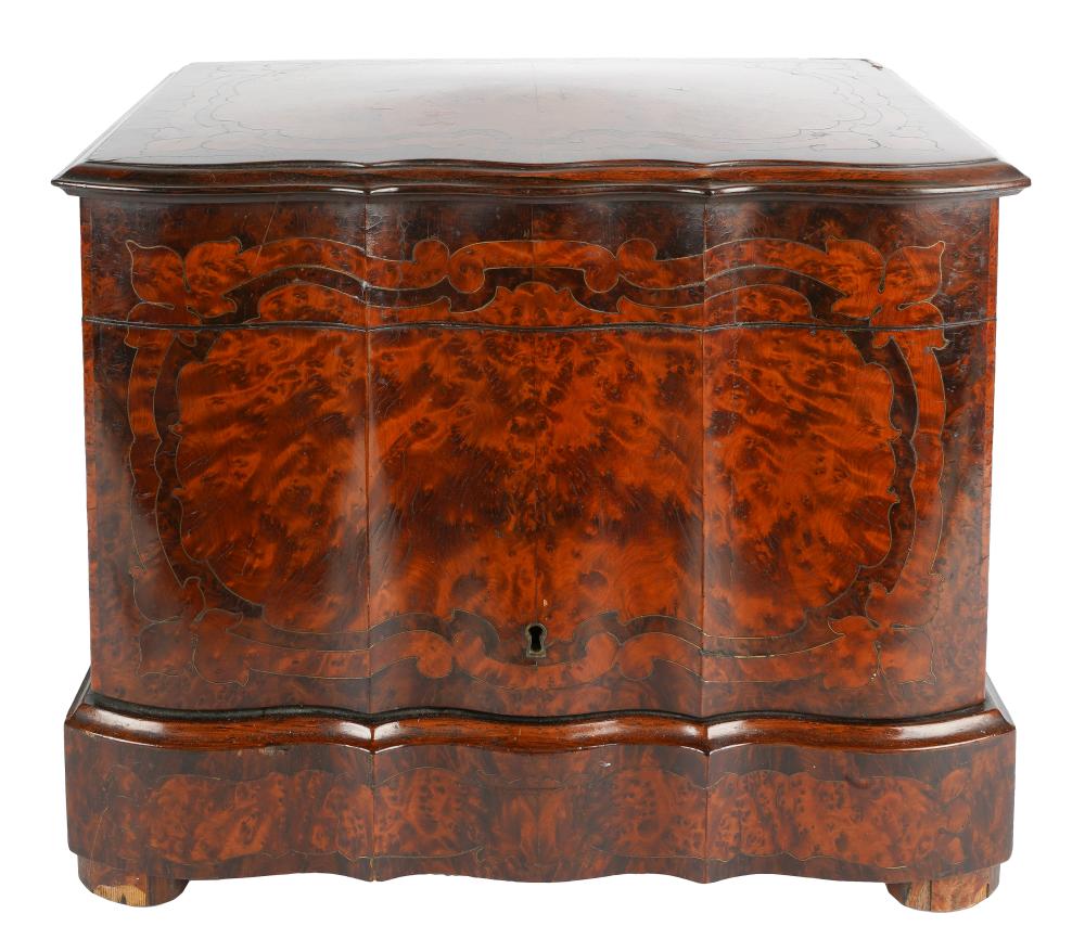 Appraisal: BURL WALNUT TANTALUS th century the hinged lid and sides