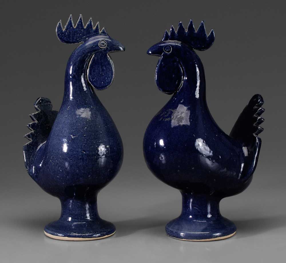 Appraisal: Two Edwin Meaders Roosters Georgia th century mottled blue glaze