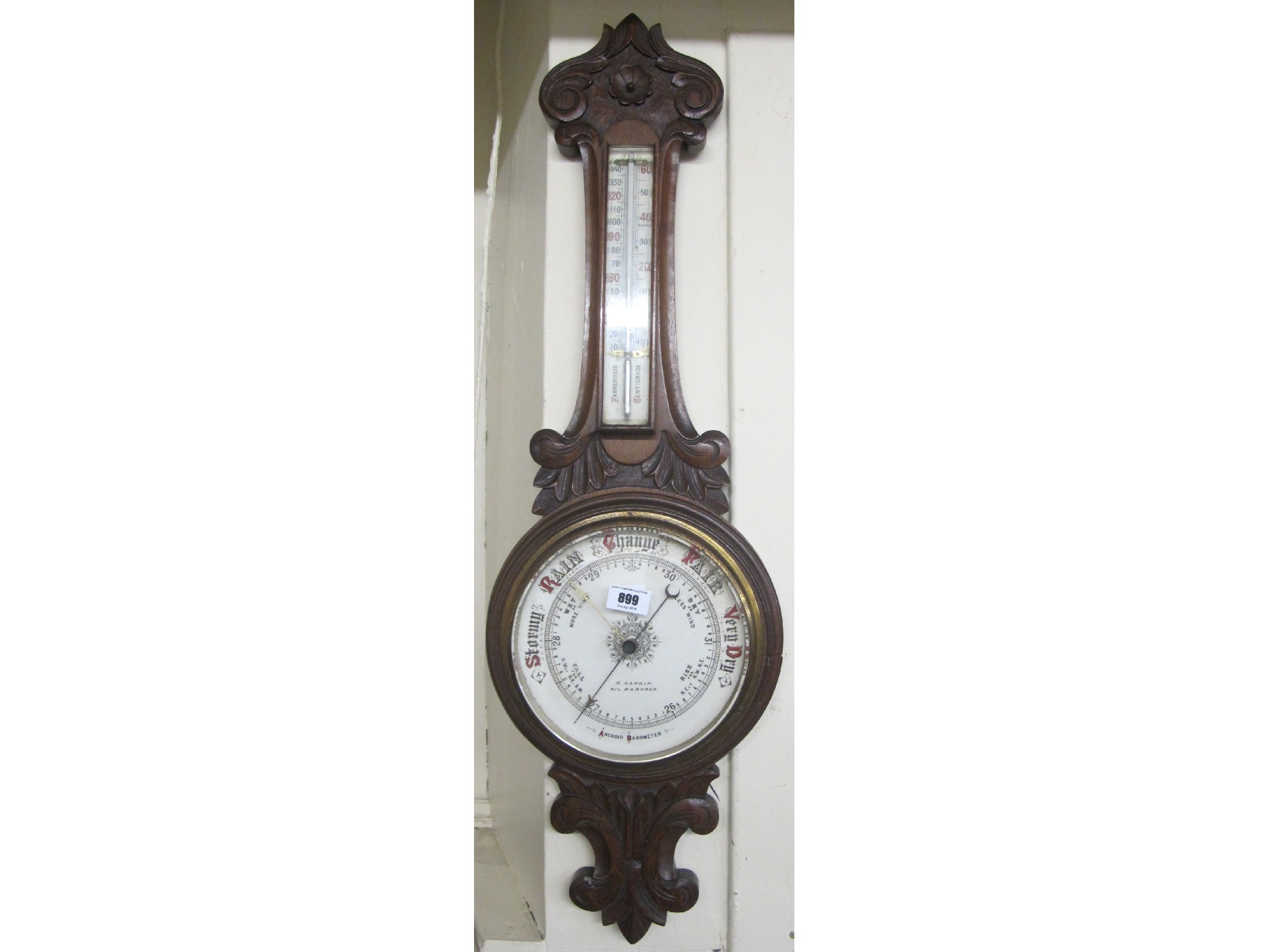 Appraisal: An R Rankin Kilmarnock oak aneroid barometer and thermometer