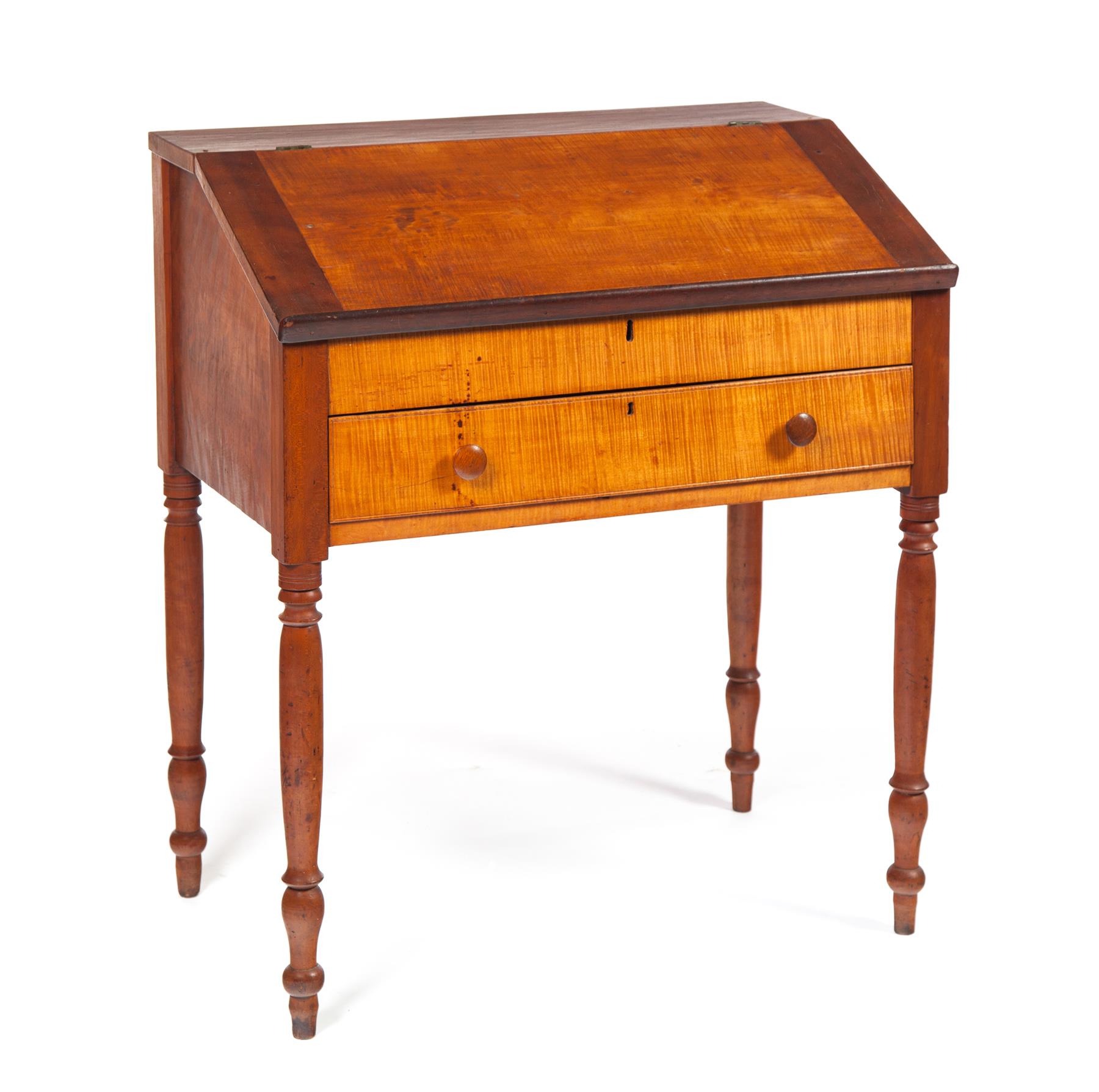 Appraisal: TIGER MAPLE AND CHERRY SHERATON LIFT-LID DESK American nd quarter-