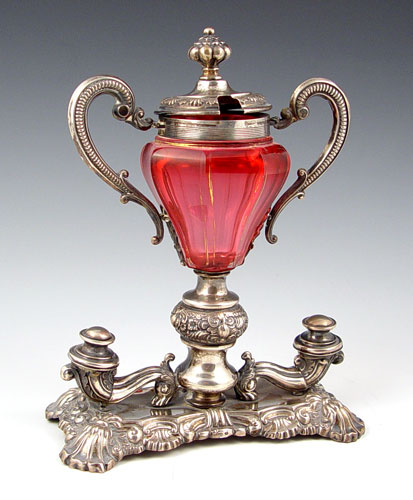 Appraisal: AUSTRIAN FINE SILVER MOUNTED CRANBERRY GLASS INKWELL Circa th century