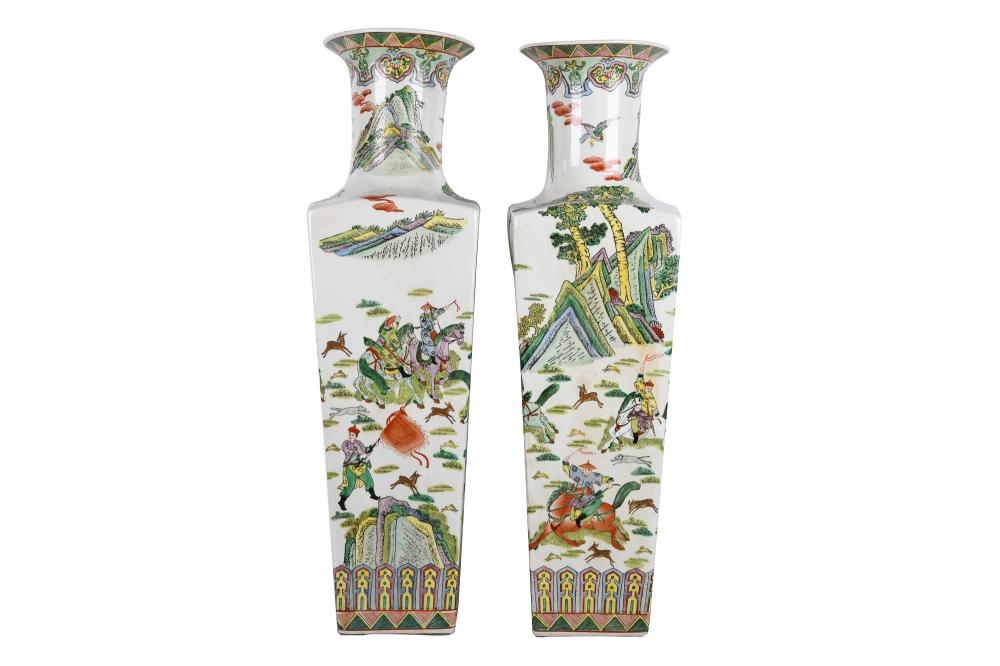 Appraisal: PAIR OF CHINESE FAMILLE VERTE STYLE PORCELAIN TEMPLE VASES inches