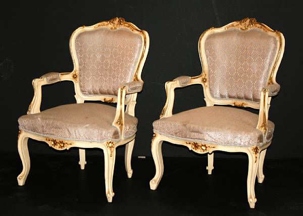 Appraisal: A pair of Italian painted and parcel gilt armchairs