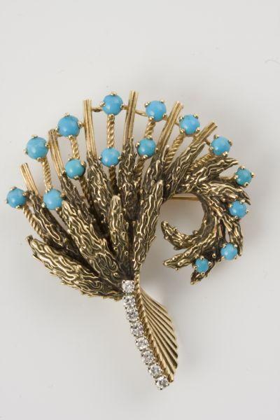 Appraisal: Turquoise and Diamond Brooch ca s KT yellow gold abstract