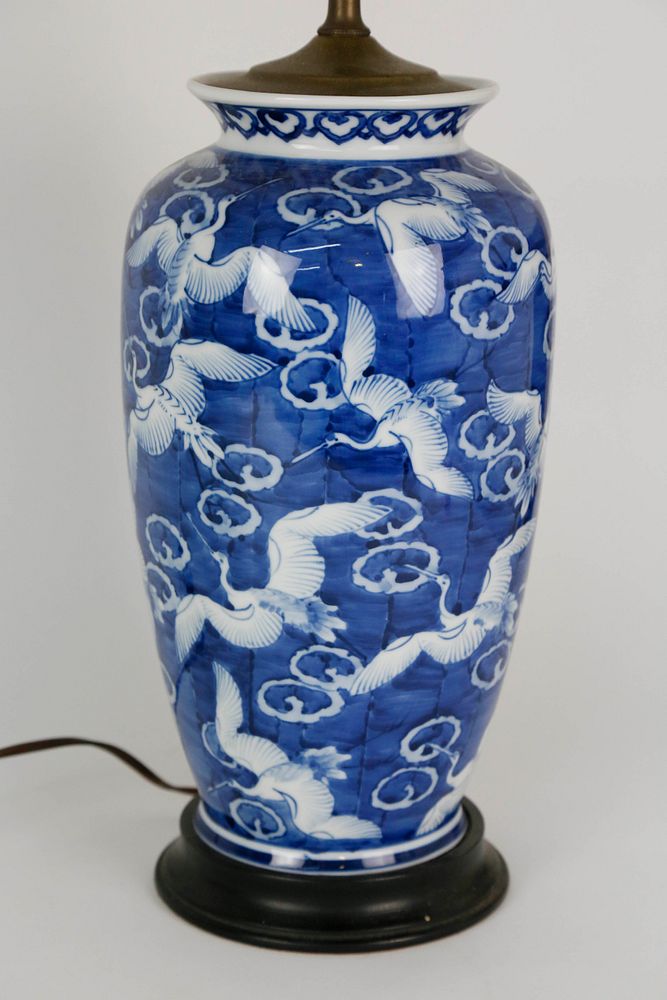 Appraisal: Chinese Blue and White Flying Crane Porcelain Lamp th Century