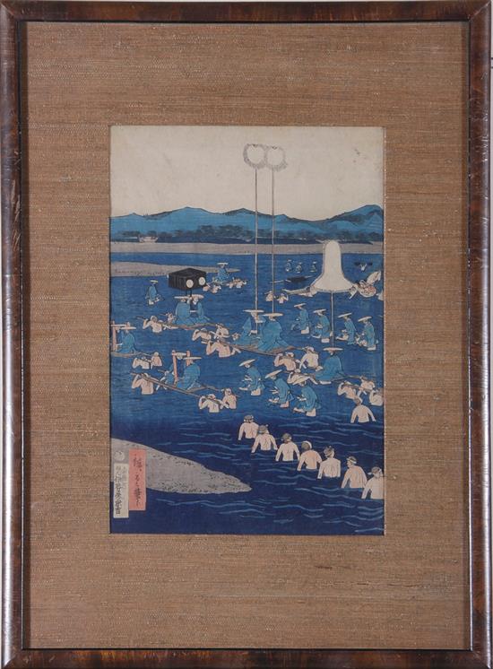 Appraisal: Utagawa Kunisada attributed to Japanese - PROCESSION color woodblock framed