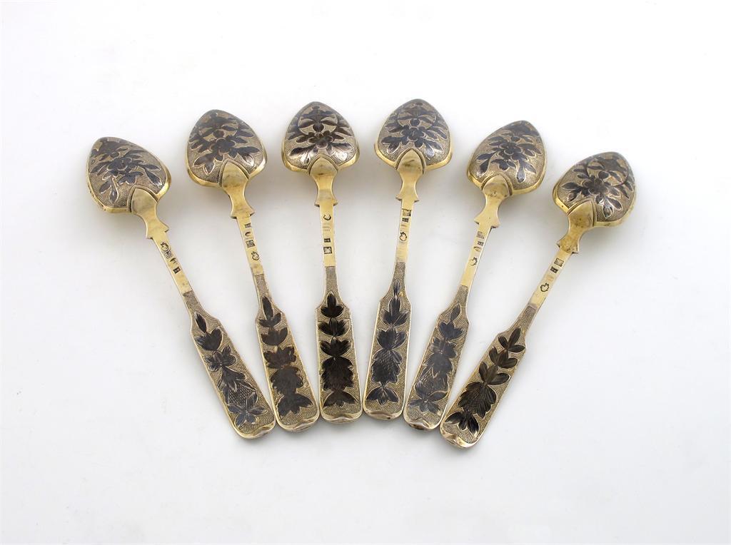 Appraisal: A set of six th century Russian silver-gilt and niello