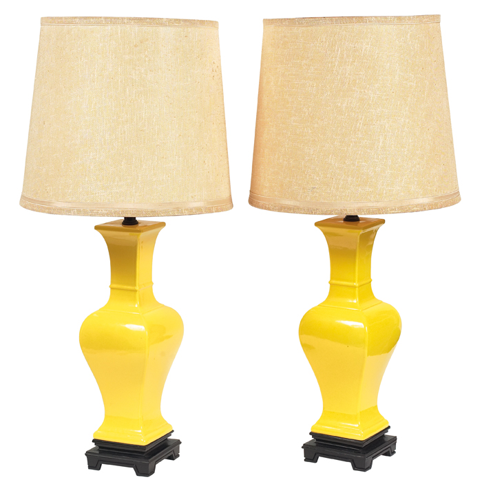 Appraisal: Midcentury ceramic lamps pair bright yellow glaze black woodbases decorative