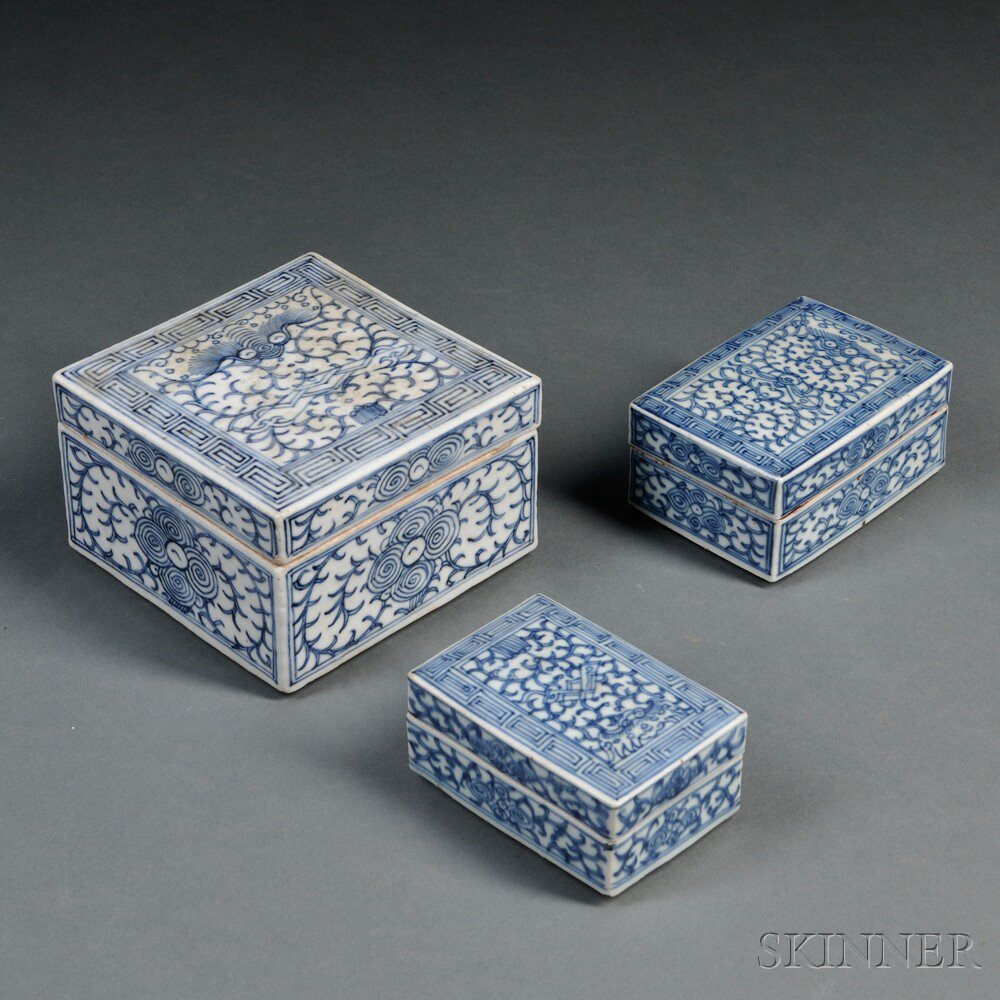 Appraisal: Four Blue and White Covered Vessels China a blue and