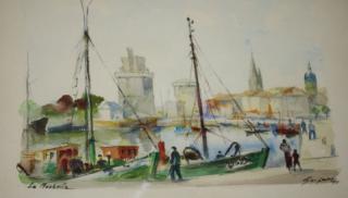 Appraisal: Mid Century European watercolor signed Suisnier La Rochelle boats in