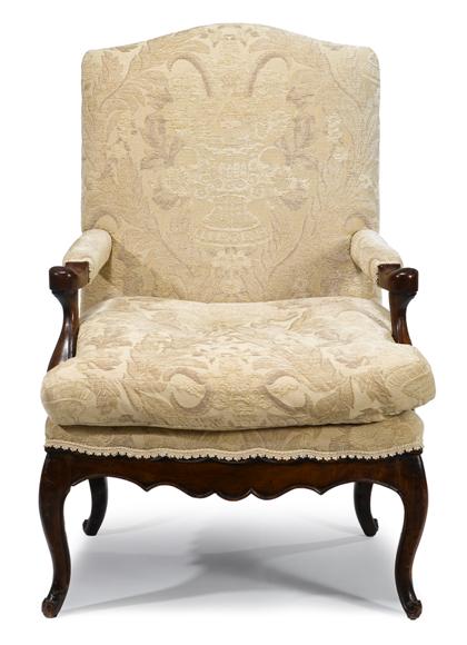 Appraisal: Louis XV style walnut armchair The shaped padded back over