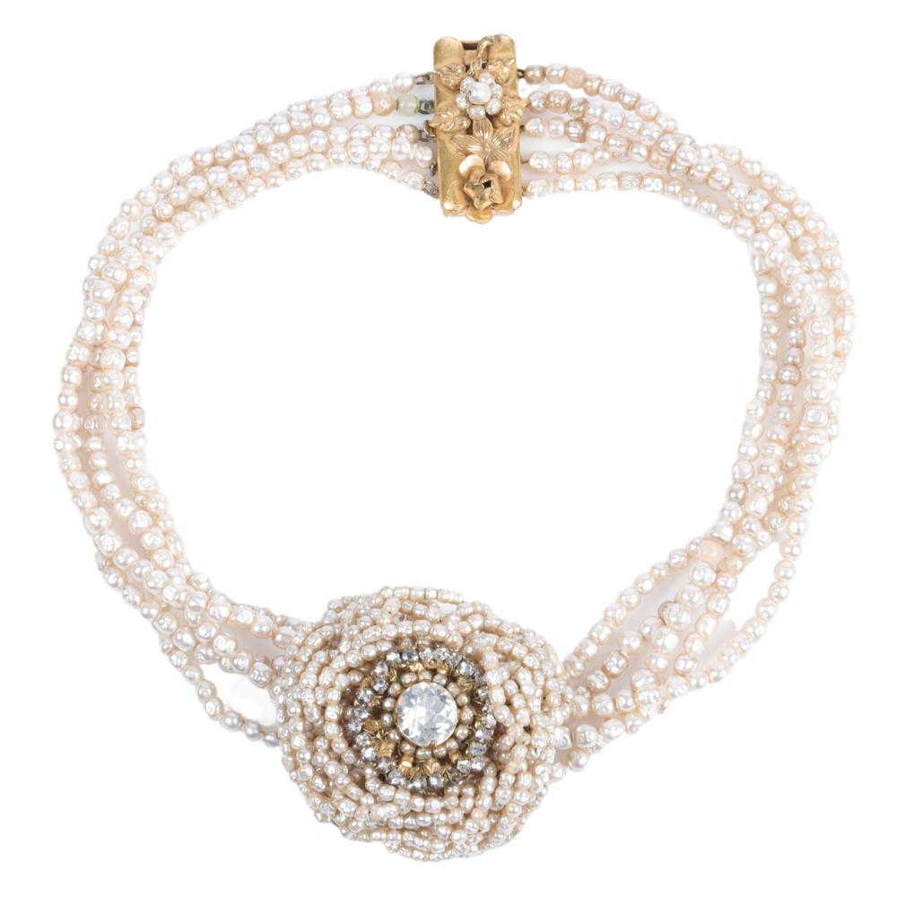 Appraisal: MIRIAM HASKELL ELABORATE -STRAND SEED PEARL ROSETTE CHOKER NECKLACE L