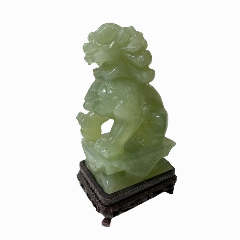 Appraisal: Pair of Chinese Jade Foo Lions on Wooden Stands Pair