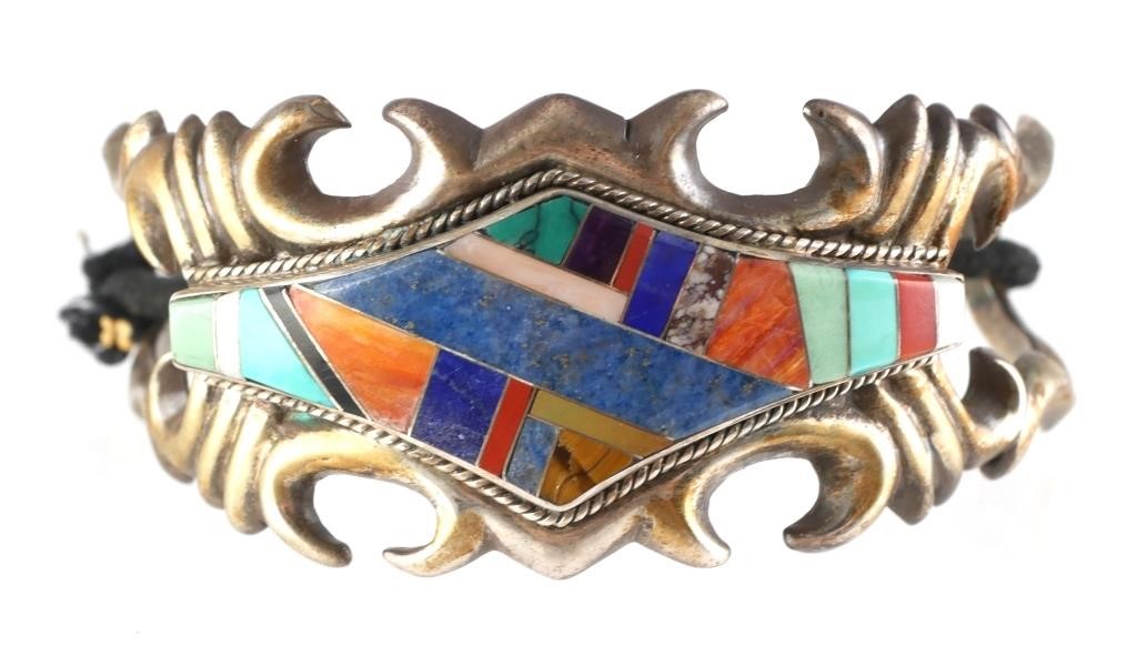 Appraisal: STERLING INLAY CUFF BRACELETNative American style cuff bracelet with inlay