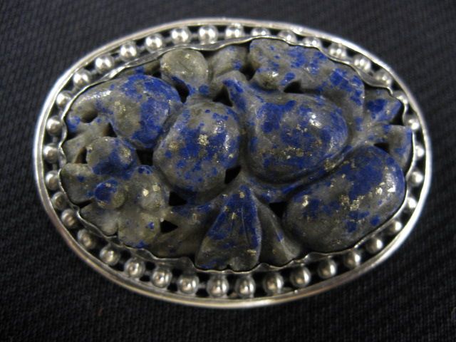 Appraisal: Chinese Carved Lapis Sterling Brooch oval fruit floral circa x