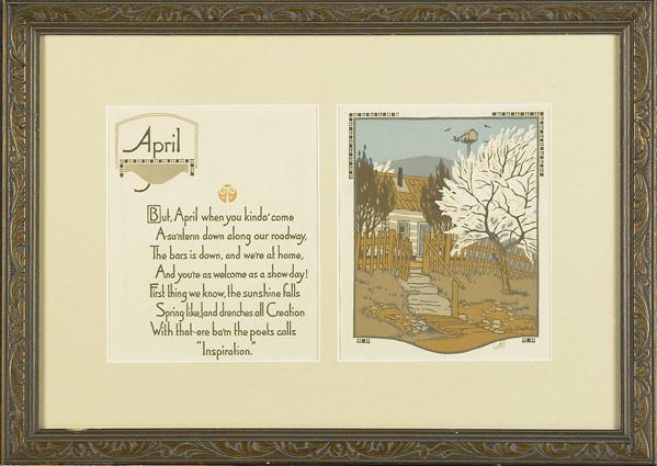 Appraisal: GUSTAVE BAUMANN Woodblock print April with poem from All the