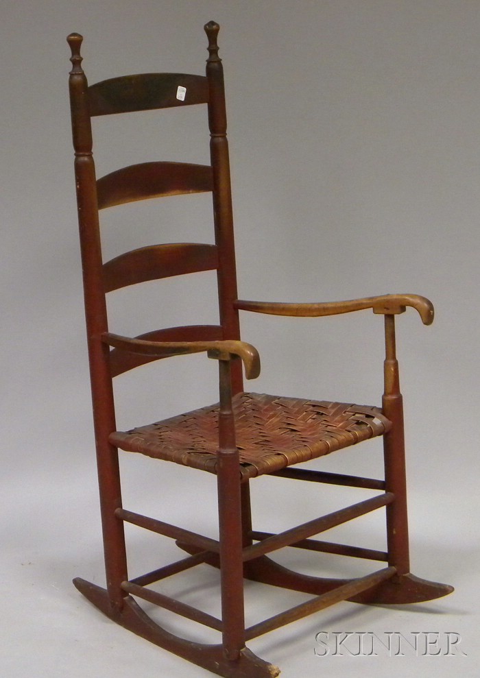 Appraisal: Red-painted Ladder-back Armrocker with Woven Splint Seat