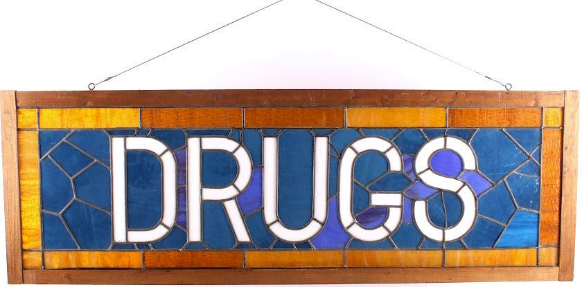 Appraisal: Antique Pharmacy Stained Glass Drugs Sign This is an antique