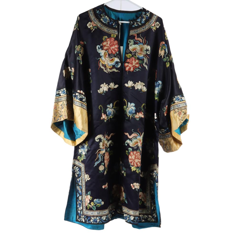 Appraisal: CHINESE QING EMBROIDERED WOMEN'S SILK ROBE WITH BUTTERFLIES MOTHS FLORAL