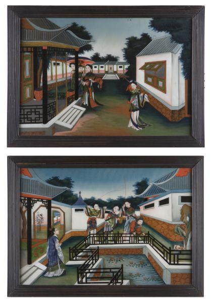 Appraisal: Pair of Chinese Reverse Paintings on Glass circa both depicting