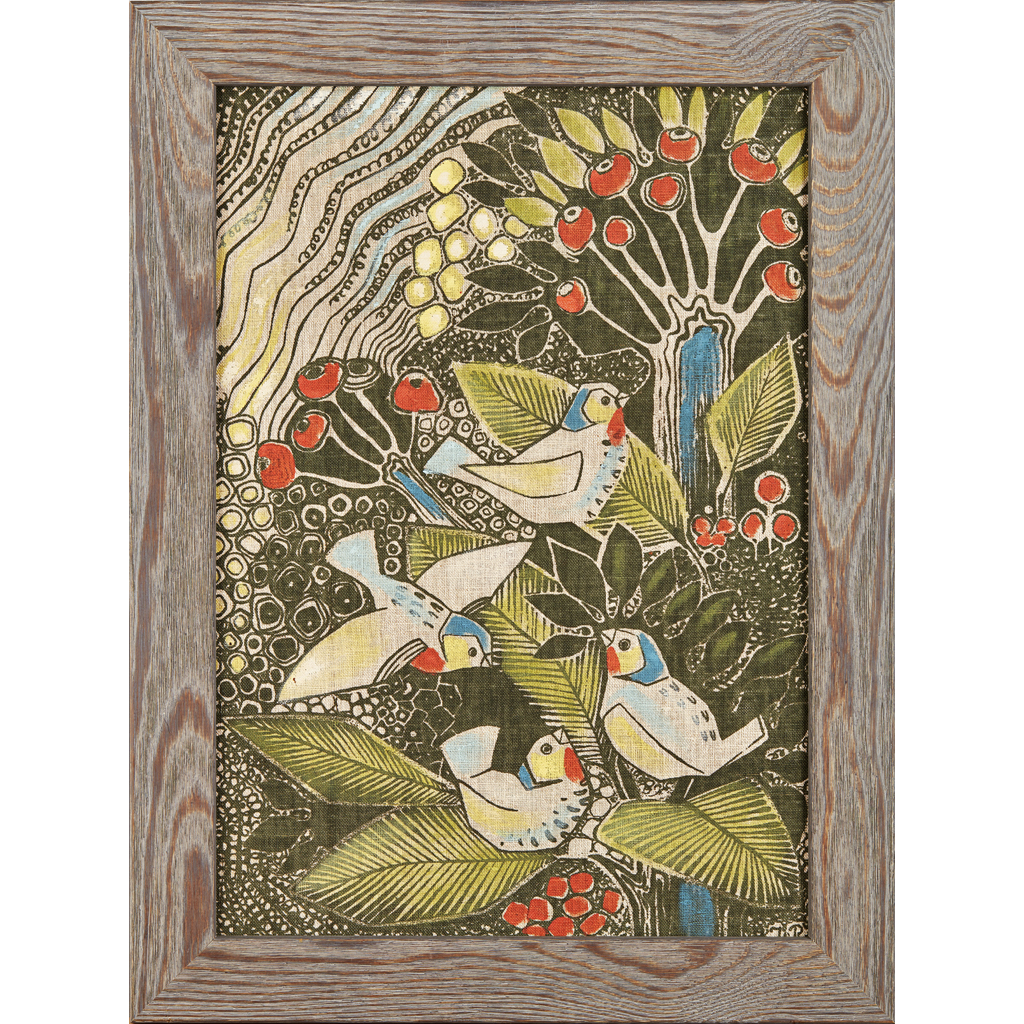 Appraisal: FINNISH SCHOOL PRINTED LINEN PANEL CIRCA depicting finches amongst berries