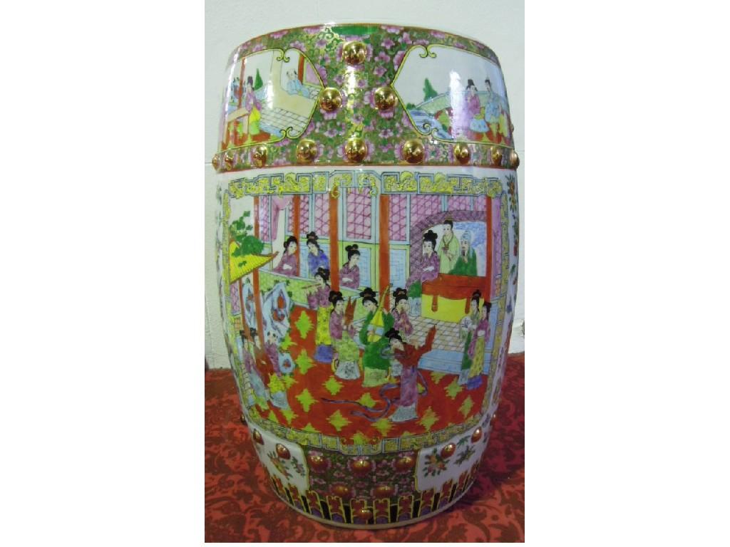 Appraisal: An oriental garden seat of barrel shaped form with polychrome