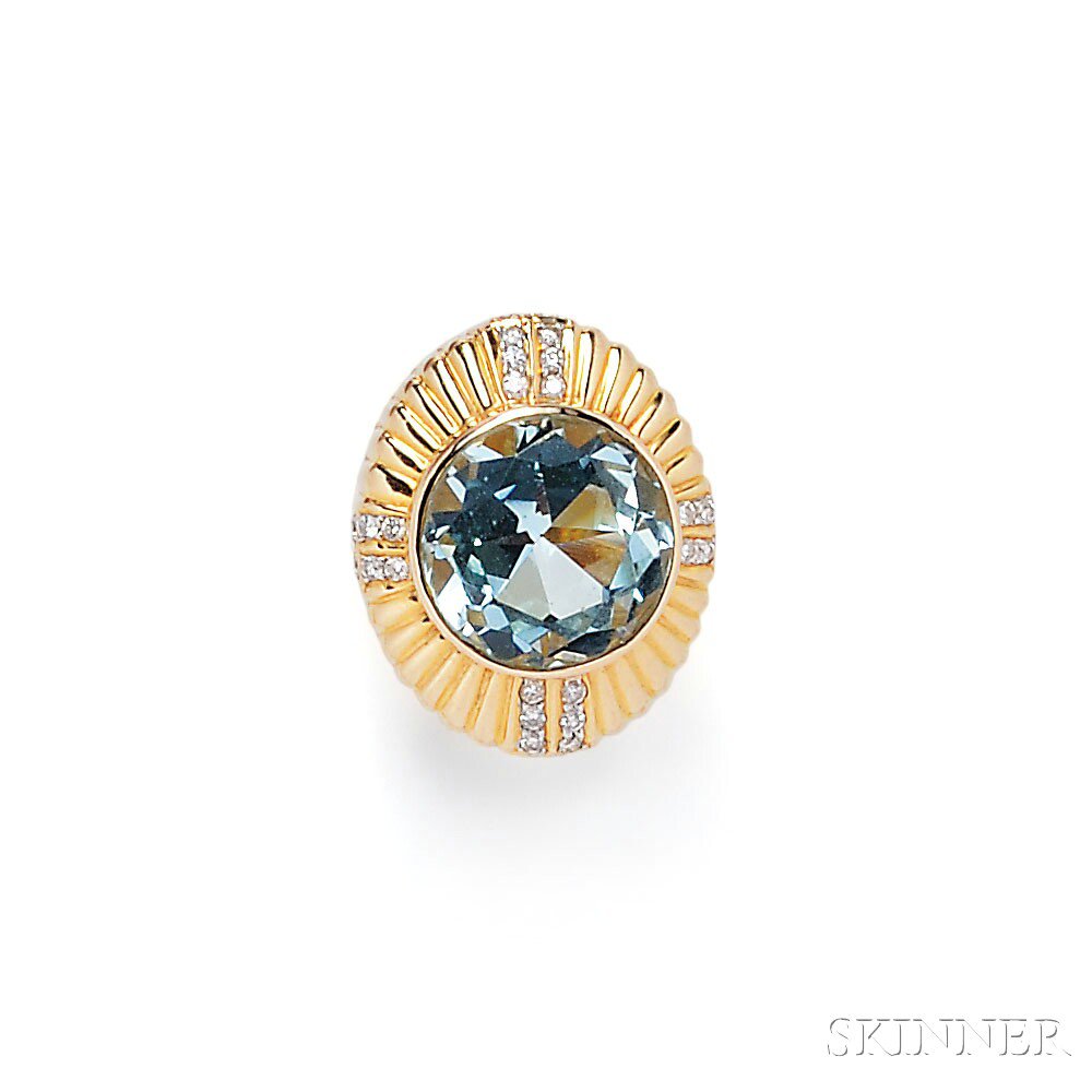 Appraisal: kt Gold Aquamarine and Diamond Ring bezel-set with a circular-cut