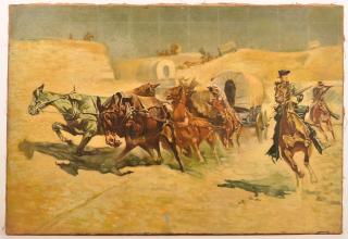 Appraisal: Illustrator Art Oil on Canvas of a Wagon Train Unsigned