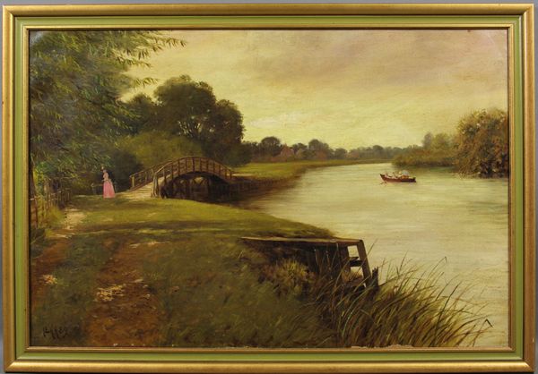 Appraisal: English School pastoral landscape with boat and woman by bridge