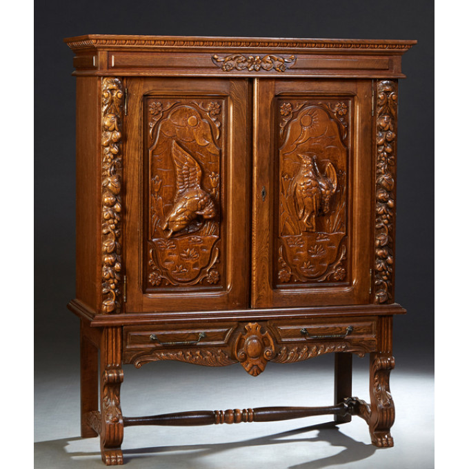 Appraisal: Spanish Renaissance Style Carved Oak Silver Cabinet with double high