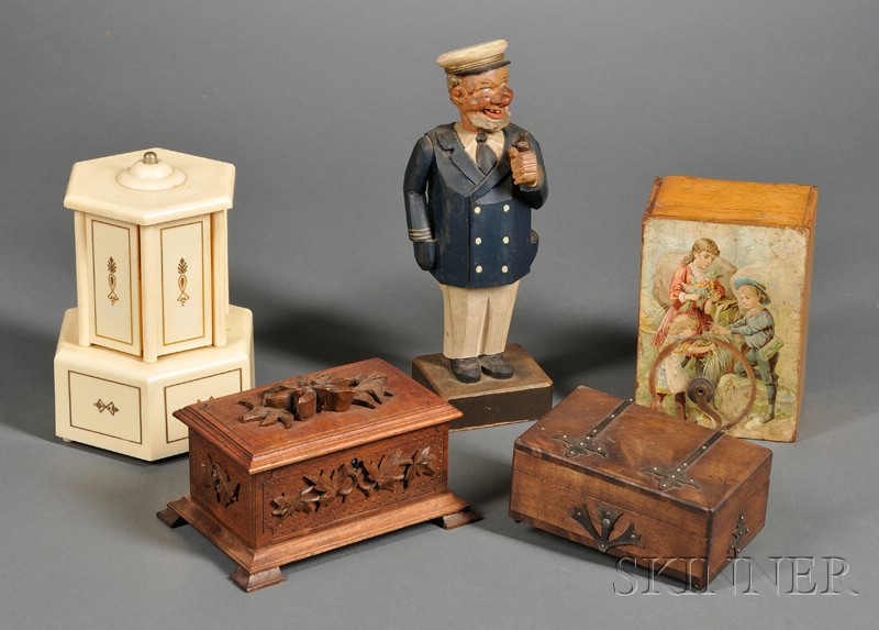 Appraisal: Five Novelty Musical Boxes Switzerland and Germany including a carved