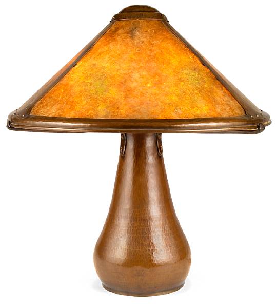 Appraisal: A Dirk van Erp hammered copper and mica lamp after