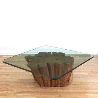 Appraisal: Nice redwood tree trunk glass coffee table Nice redwood tree