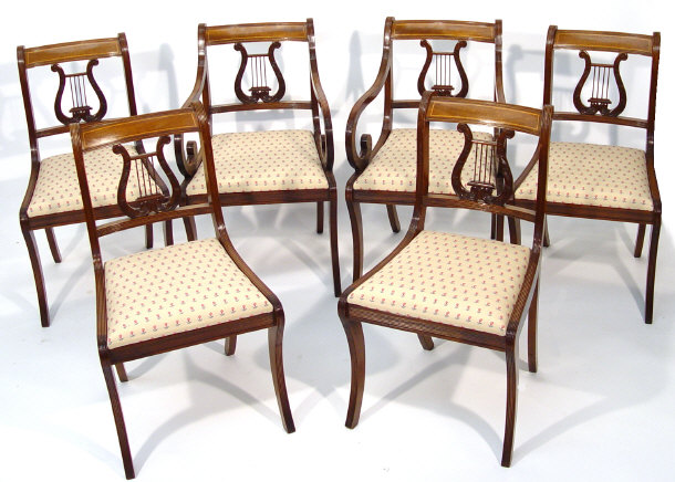 Appraisal: Set of six Regency design inlaid mahogany dining chairs with