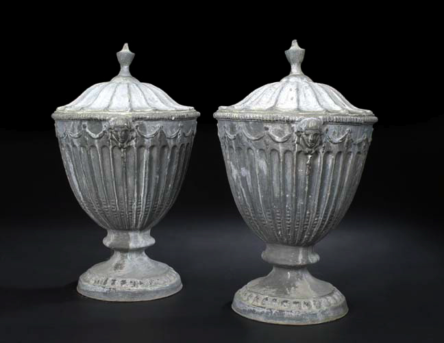 Appraisal: Large Pair of Edwardian Cast-Lead Covered Fluted Garden Vases in