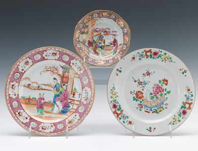 Appraisal: Three Famille Rose Export Porcelain Plates Including a D dish