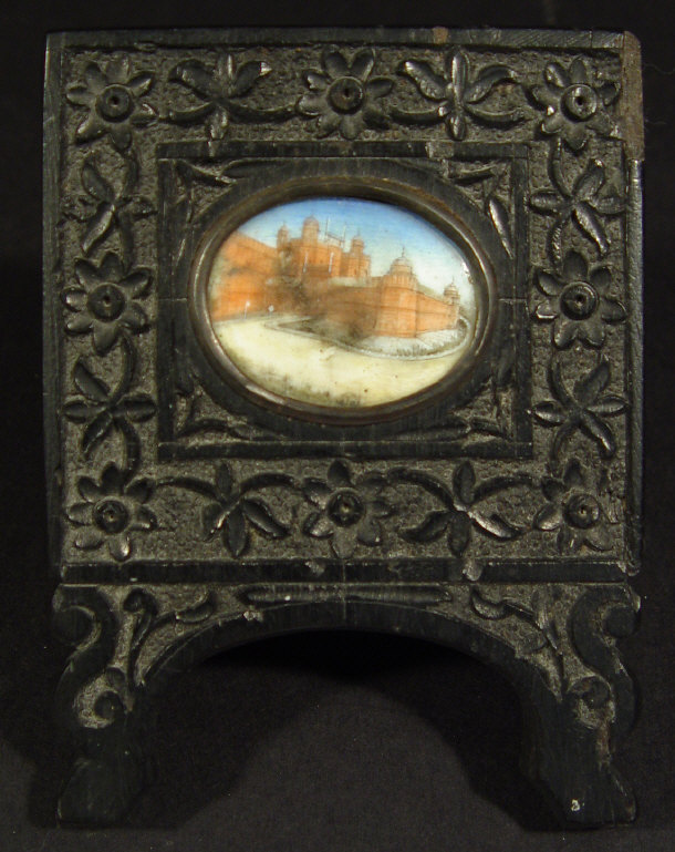 Appraisal: Indian miniature onto ivory of buildings in an ebonised easel