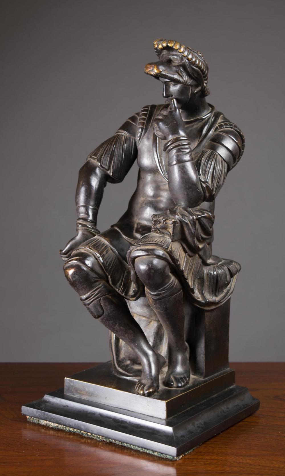 Appraisal: CAST BRONZE SCULPTURE AFTER MICHELANGELO'S LORENZO DE MEDICI the patinated