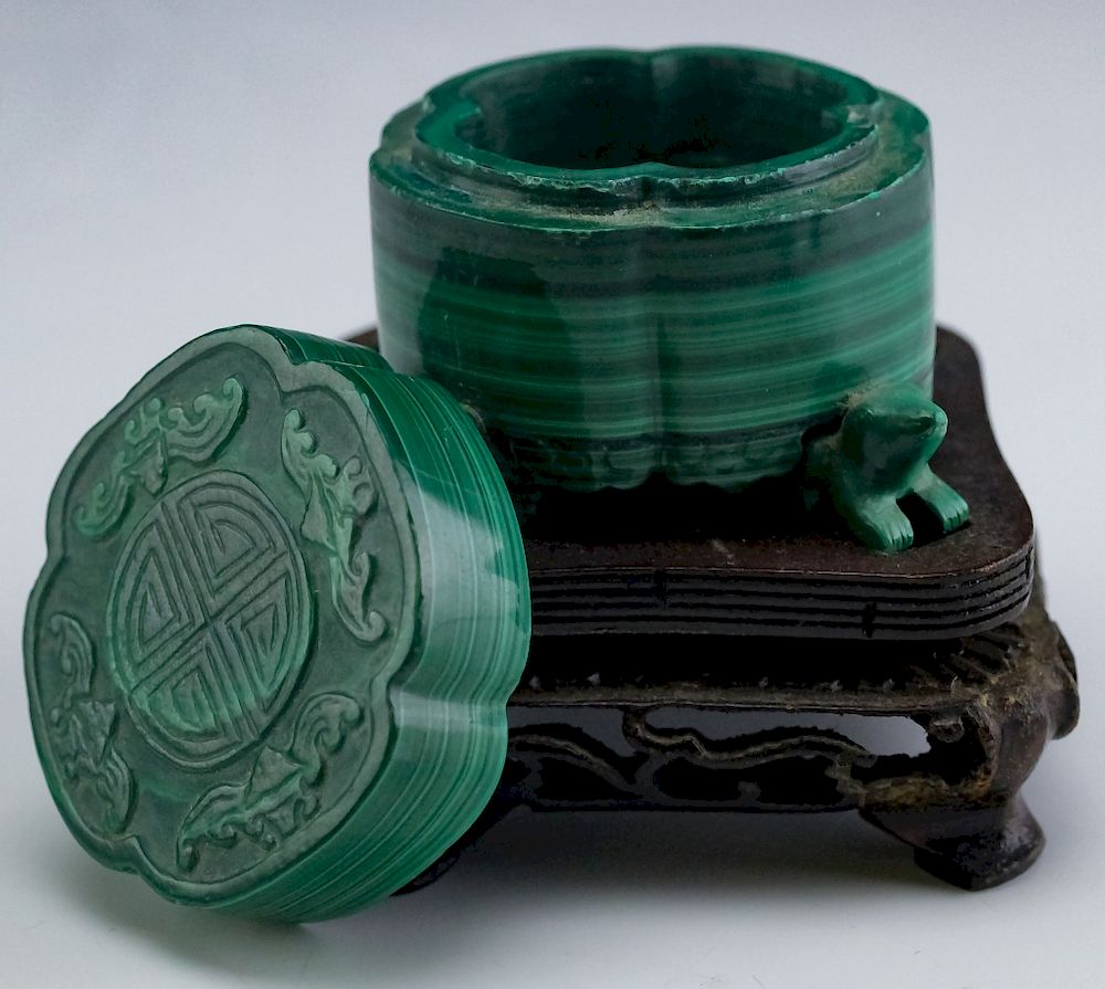 Appraisal: Chinese Export Hand Carved Green Malachite Box Hand carved of