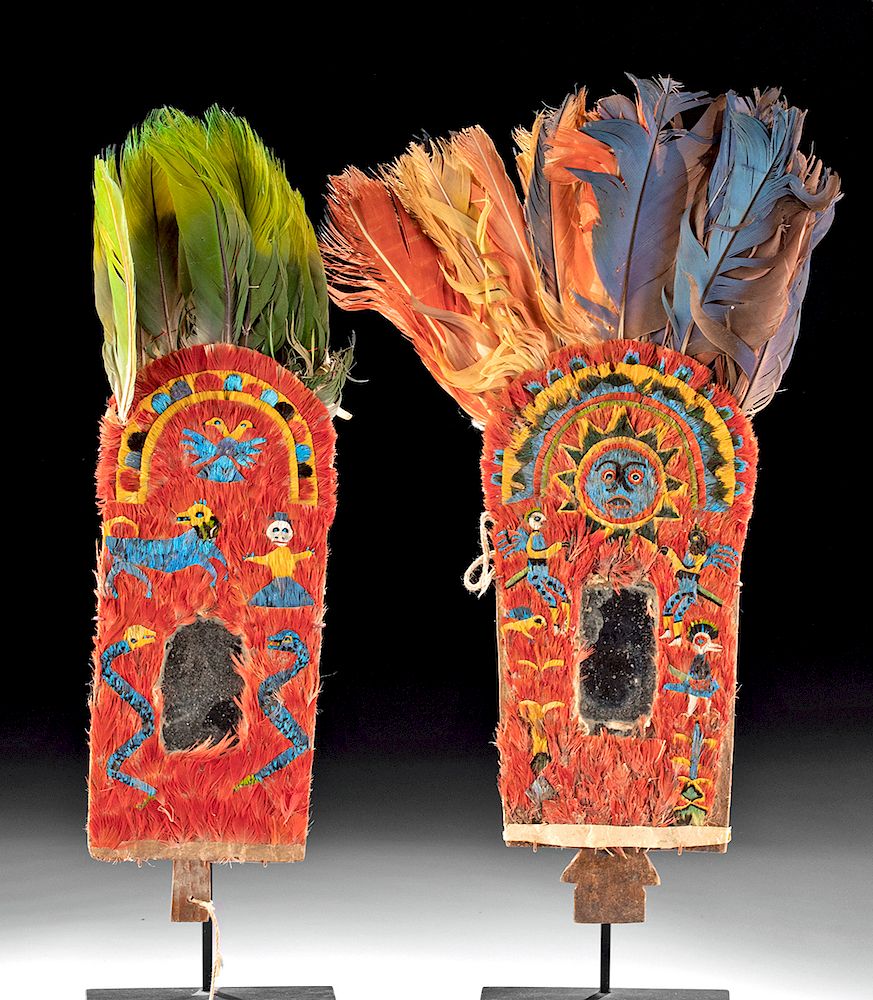 Appraisal: th C Bolivian Wood Panels w Feathers Mirrors pr South