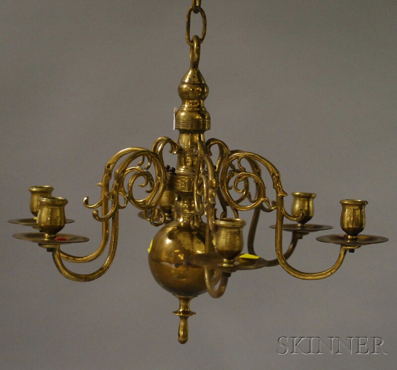 Appraisal: Brass Six-light Chandelier late th century brass chain with hanging